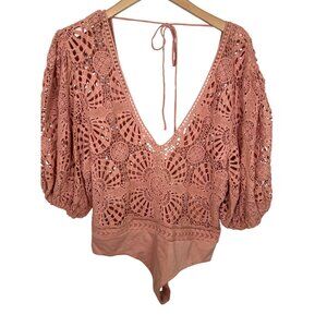 Jen's Pirate Booty pink crochet top/bodysuit size L large